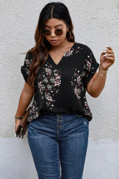Plus Size Floral Print V-Neck Loose Blouse in Black – Lightweight Casual Summer Top