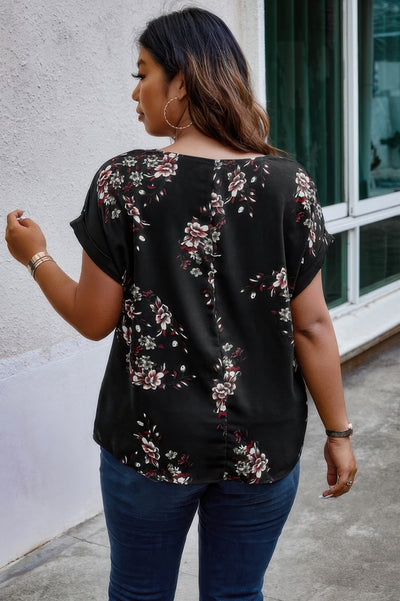 Plus Size Floral Print V-Neck Loose Blouse in Black – Lightweight Casual Summer Top