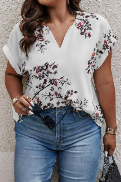 Plus Size Floral Print V-Neck Loose Blouse in White – Feminine Short Sleeve Blouse for Women
