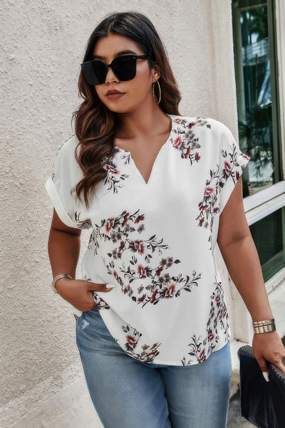 Plus Size Floral Print V-Neck Loose Blouse in White – Feminine Short Sleeve Blouse for Women