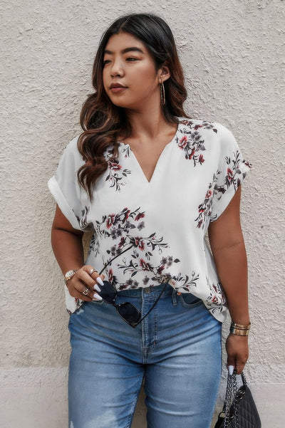 Plus Size Floral Print V-Neck Loose Blouse in White – Feminine Short Sleeve Blouse for Women
