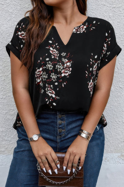 Plus Size Floral Print V-Neck Loose Blouse in Black – Lightweight Casual Summer Top