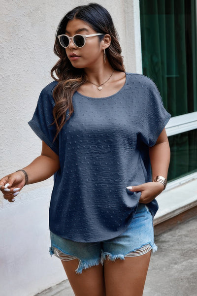 Plus Size Swiss Dot Blouse in Navy – Lightweight Round Neck Top