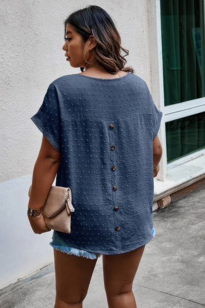 Plus Size Swiss Dot Blouse in Navy – Lightweight Round Neck Top