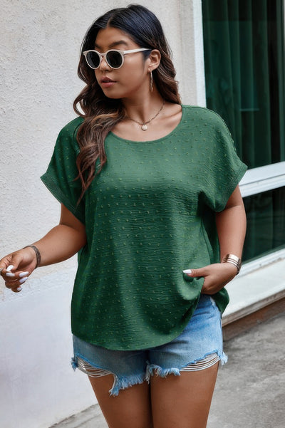 Plus Size Swiss Dot Blouse in Green – Lightweight Round Neck Top