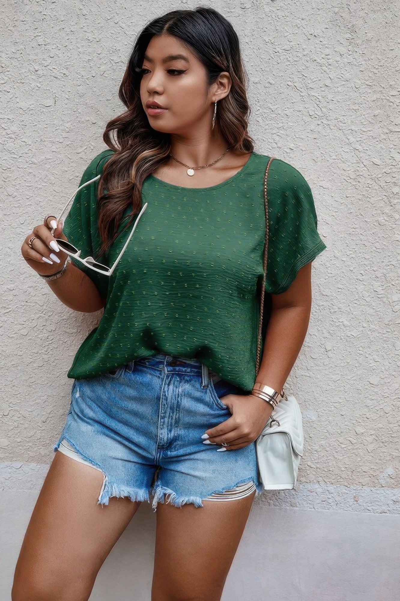 Plus Size Swiss Dot Blouse in Green – Lightweight Round Neck Top