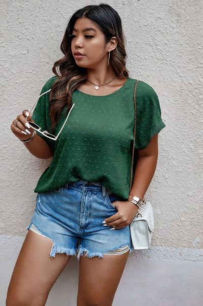 Plus Size Swiss Dot Blouse in Green – Lightweight Round Neck Top