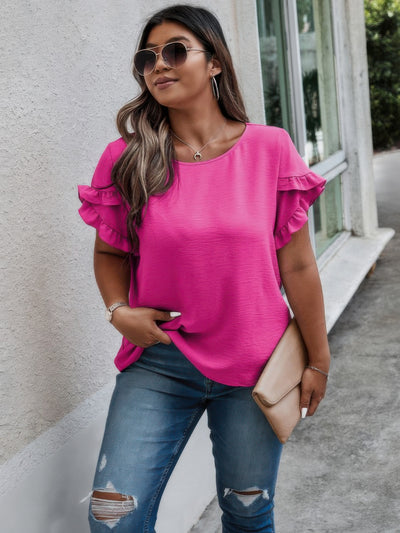 Plus Size Ruffle Blouse in Fuchsia – Solid Round Neck Loose Fit Top