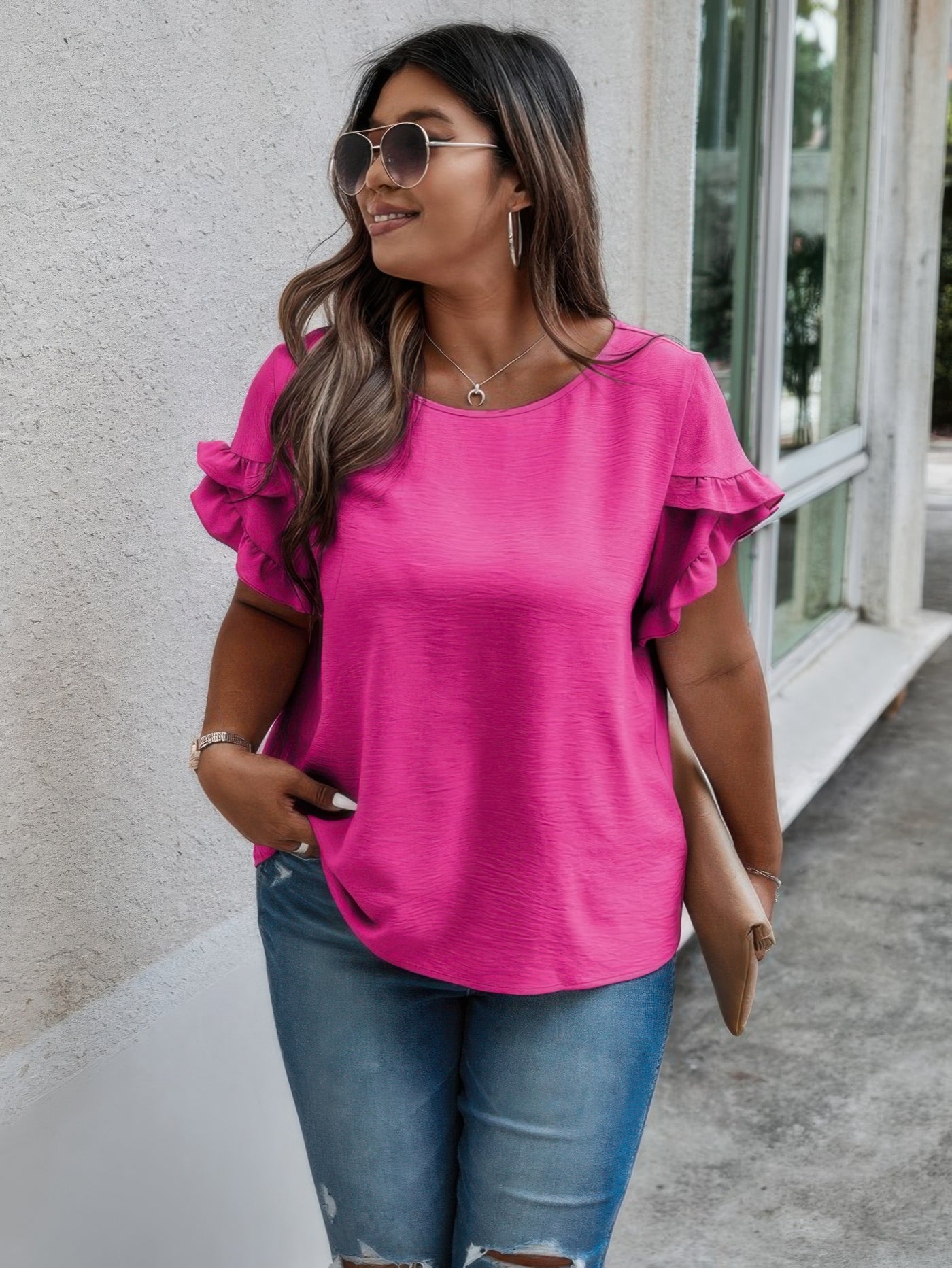 Plus Size Ruffle Blouse in Fuchsia – Solid Round Neck Loose Fit Top