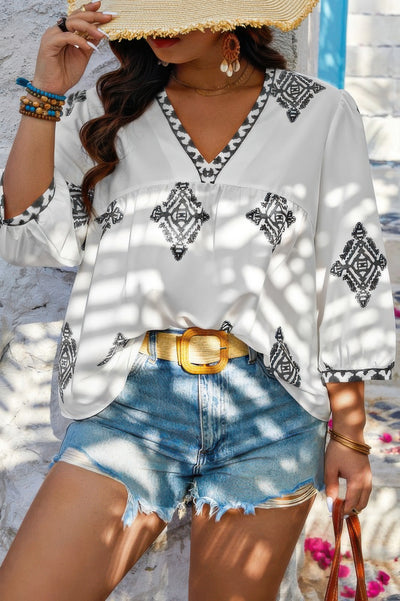 Plus Size Geometric Embroidered Peplum Shirt in Black – V-Neck Casual Blouse with Print