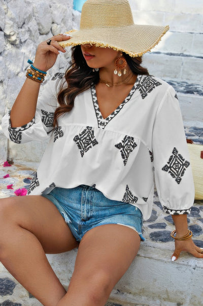 Plus Size Geometric Embroidered Peplum Shirt in Black – V-Neck Casual Blouse with Print