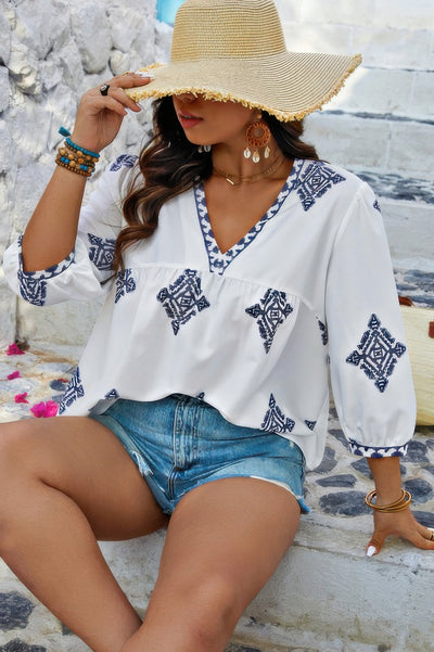 Plus Size Geometric Embroidered Peplum Shirt in Navy – Printed Peplum Top for Women