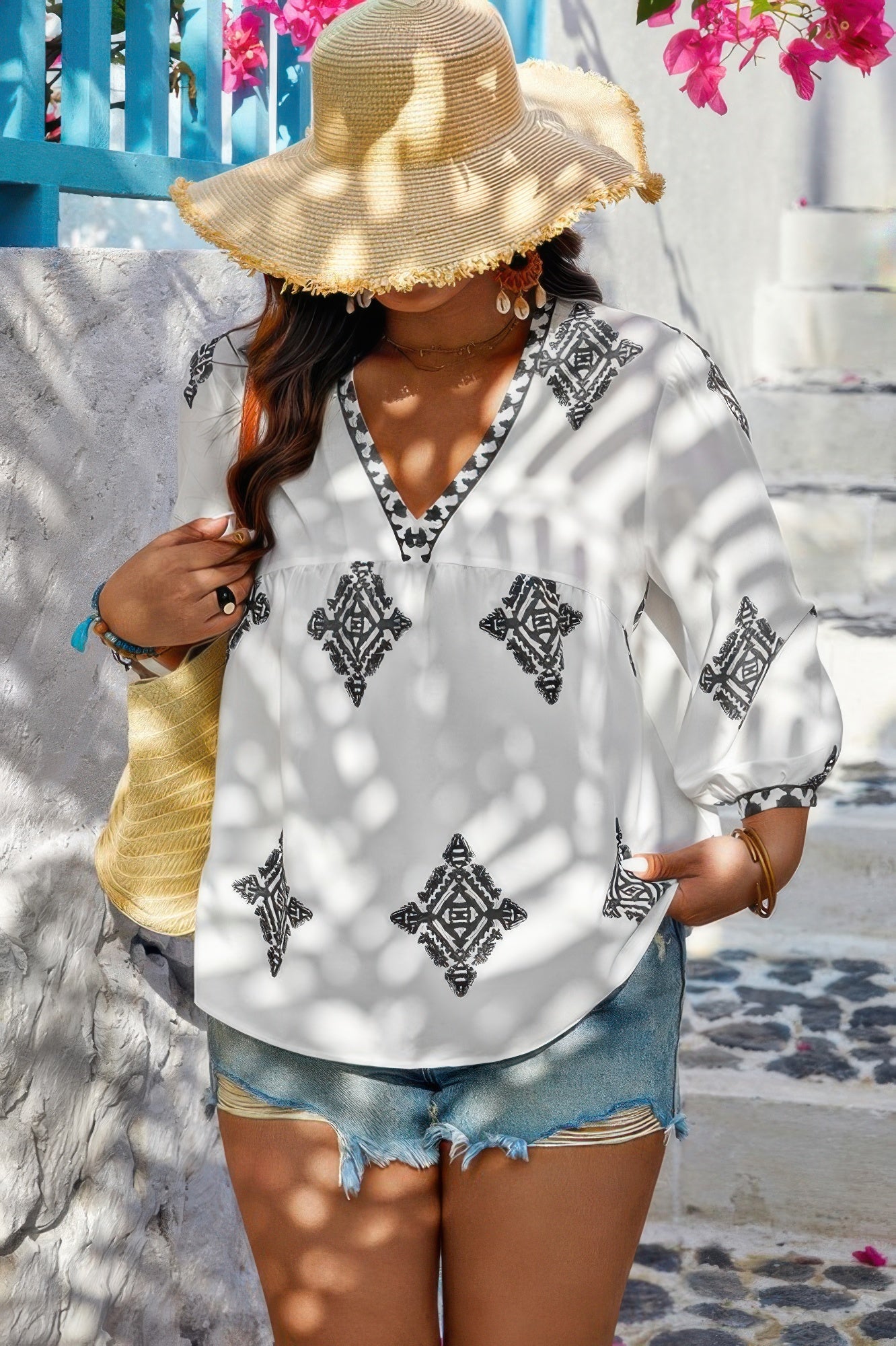 Plus Size Geometric Embroidered Peplum Shirt in Black – V-Neck Casual Blouse with Print