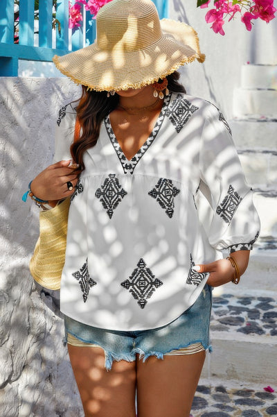 Plus Size Geometric Embroidered Peplum Shirt in Black – V-Neck Casual Blouse with Print