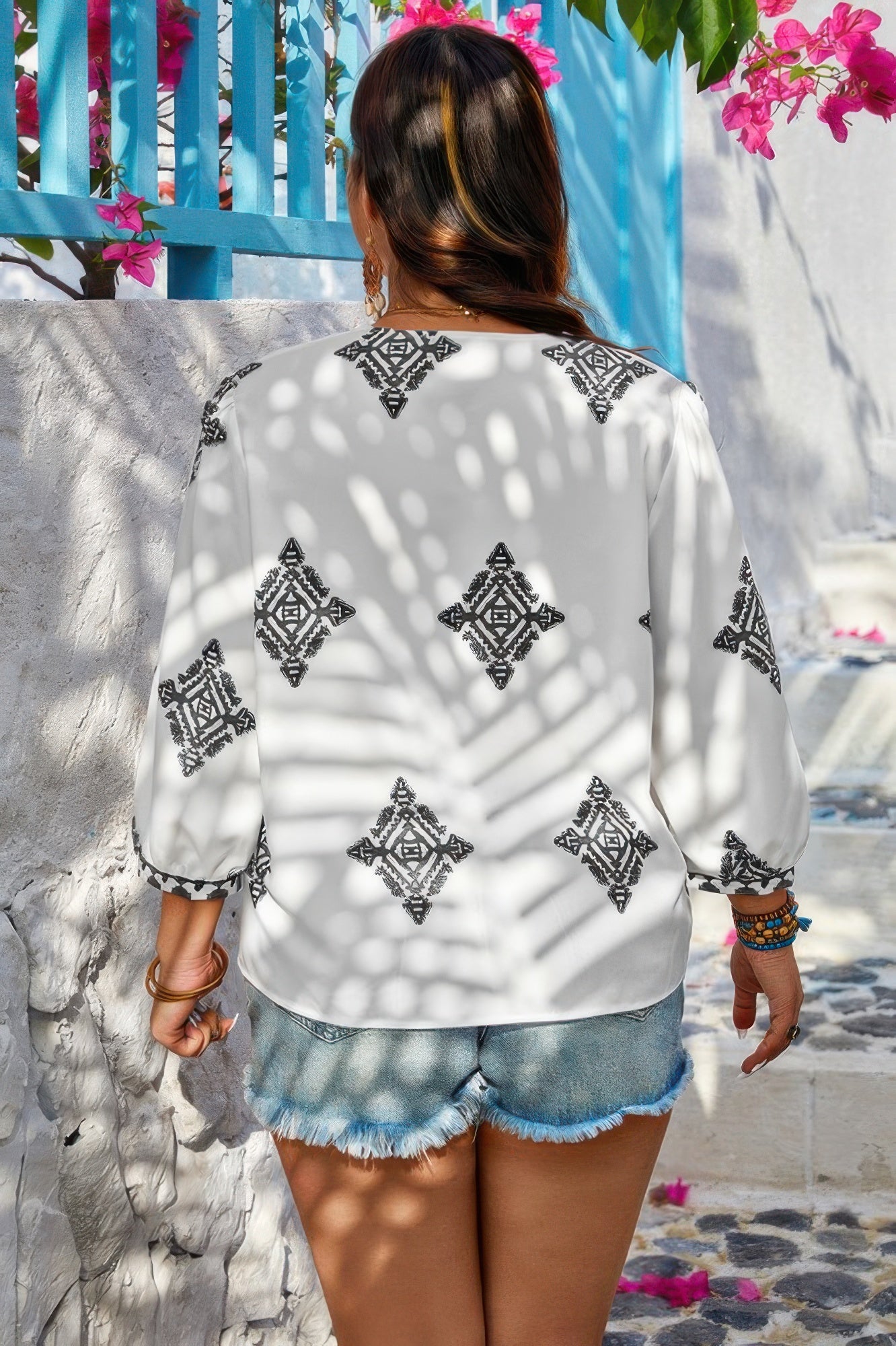 Plus Size Geometric Embroidered Peplum Shirt in Black – V-Neck Casual Blouse with Print