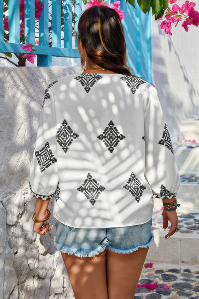 Plus Size Geometric Embroidered Peplum Shirt in Black – V-Neck Casual Blouse with Print