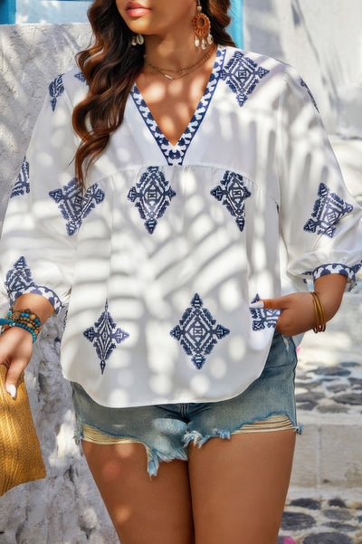 Plus Size Geometric Embroidered Peplum Shirt in Navy – Printed Peplum Top for Women