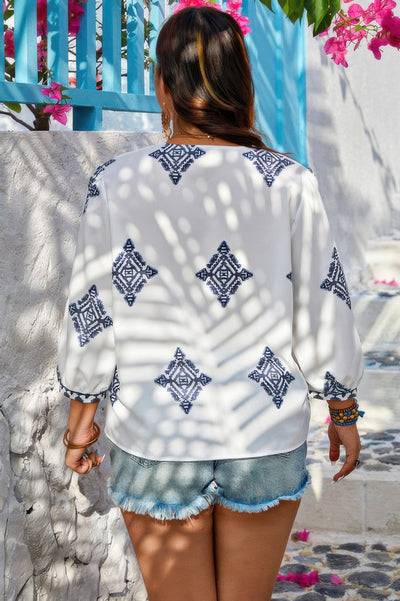 Plus Size Geometric Embroidered Peplum Shirt in Navy – Printed Peplum Top for Women