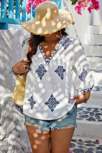 Plus Size Geometric Embroidered Peplum Shirt in Navy – Printed Peplum Top for Women
