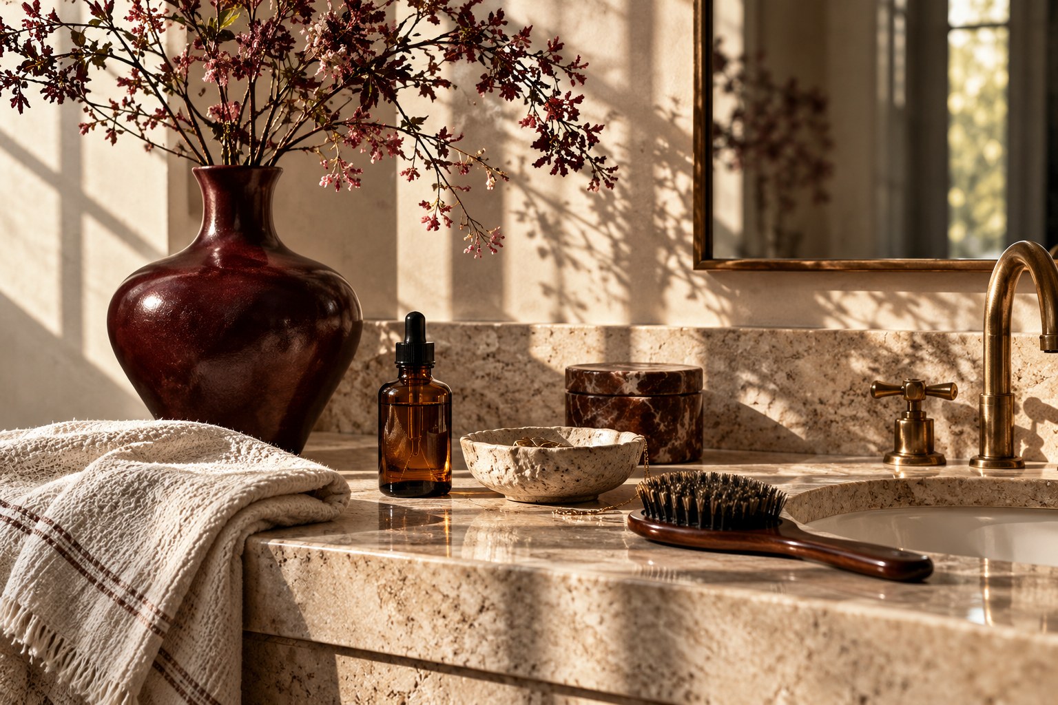 Sunlit editorial still life with linen, amber glass, and a burgundy vase